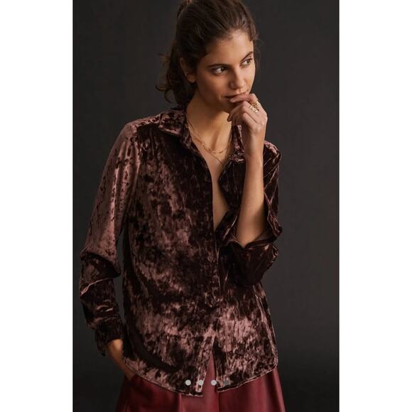 ANTHROPOLOGIE Amadi Brown Crushed Velvet Shirt Size Small - Picture 1 of 6